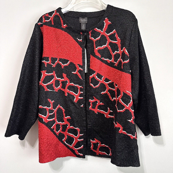 Chicos Travelers Abstract Jacket Chinese Red 2 Large Hook Eye Closure Party NEW - Picture 1 of 11